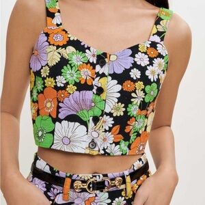 Maje Multicolor Floral Button-Up Cropped Tank Top